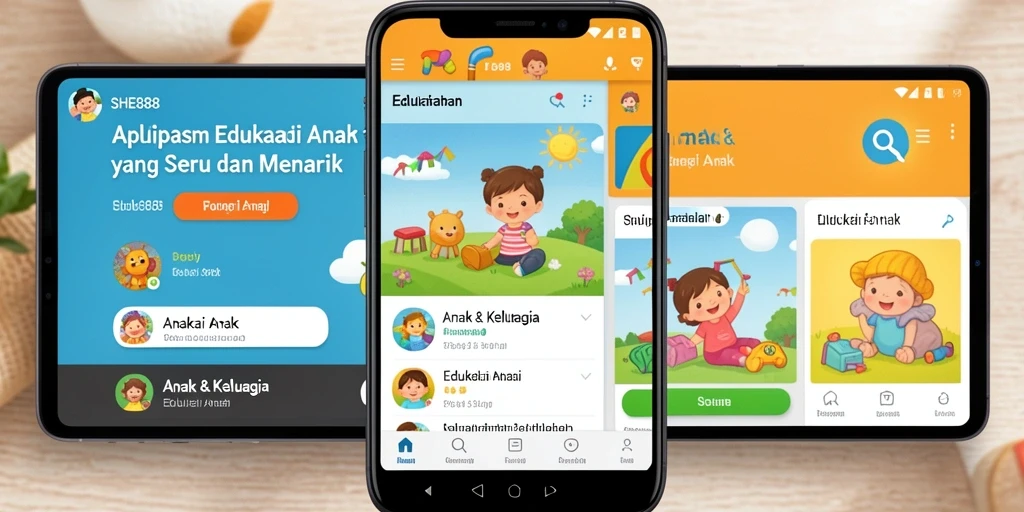 Antarmuka aplikasi SHE888 yang ceria dan interaktif untuk belajar anak.