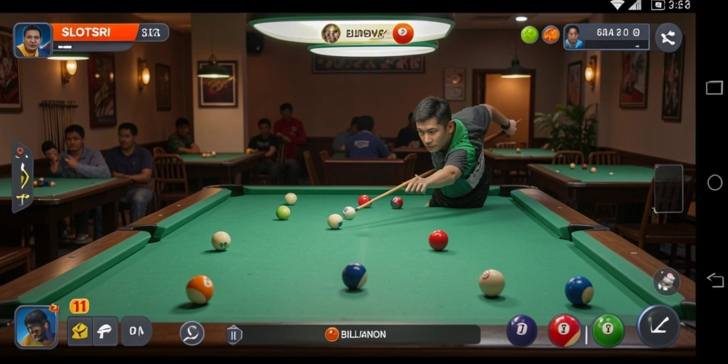 Antarmuka SLOTSRI menampilkan meja billiard dengan grafis yang menawan.